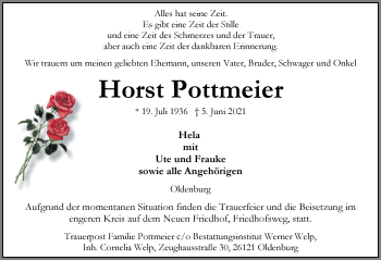 Traueranzeige von Horst Pottmeier von Nordwest-Zeitung