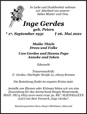 Traueranzeige von Inge Gerdes von Nordwest-Zeitung