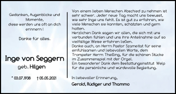 Traueranzeige von Inge von Seggern von Nordwest-Zeitung