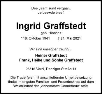 Traueranzeige von Ingrid Graffstedt von Nordwest-Zeitung