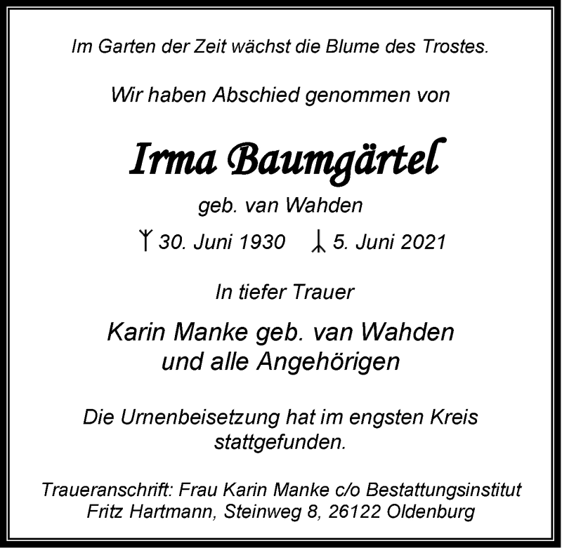  Traueranzeige für Irma Baumgärtel vom 26.06.2021 aus Nordwest-Zeitung