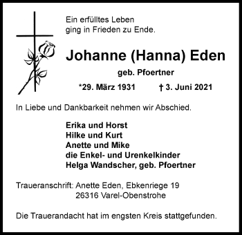 Traueranzeige von Johanne Eden von Nordwest-Zeitung