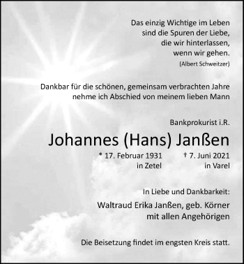 Traueranzeige von Johannes Janßen von Nordwest-Zeitung
