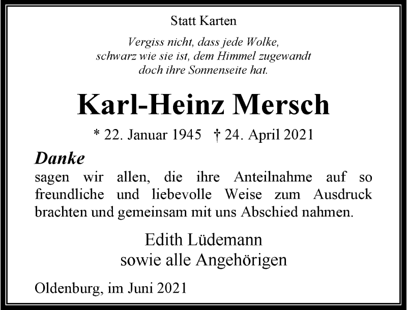  Traueranzeige für Karl-Heinz Mersch vom 05.06.2021 aus Nordwest-Zeitung