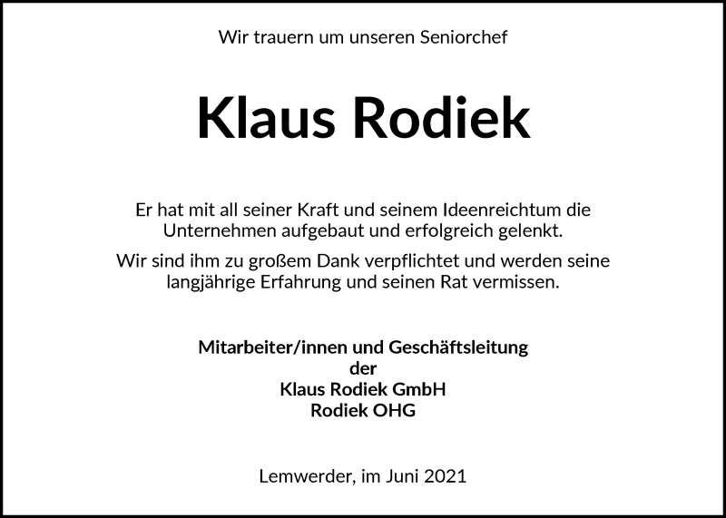 Traueranzeige für Klaus Rodiek vom 02.06.2021 aus Nordwest-Zeitung