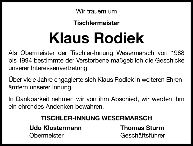  Traueranzeige für Klaus Rodiek vom 02.06.2021 aus Nordwest-Zeitung