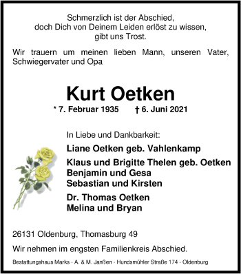 Traueranzeige von Kurt Oetken von Nordwest-Zeitung