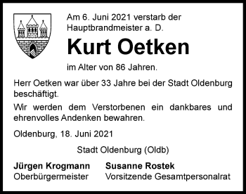 Traueranzeige von Kurt Oetken von Nordwest-Zeitung