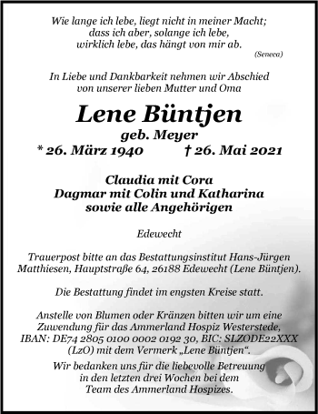 Traueranzeige von Lene Büntjen von Nordwest-Zeitung