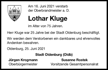 Traueranzeige von Lothar Kluge von Nordwest-Zeitung