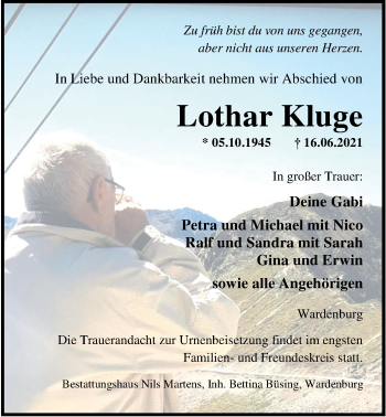Traueranzeige von Lothar Kluge von Nordwest-Zeitung