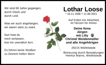 Traueranzeige von Lothar Loose von Nordwest-Zeitung