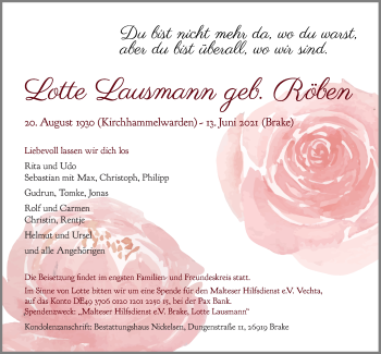 Traueranzeige von Lotte Lausmann von Nordwest-Zeitung