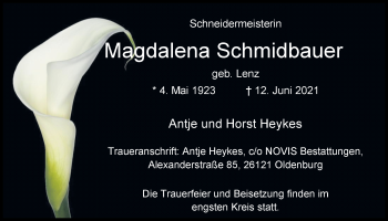 Traueranzeige von Magdalena Schmidbauer von Nordwest-Zeitung