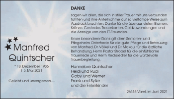 Traueranzeige von Manfred Quintscher von Nordwest-Zeitung
