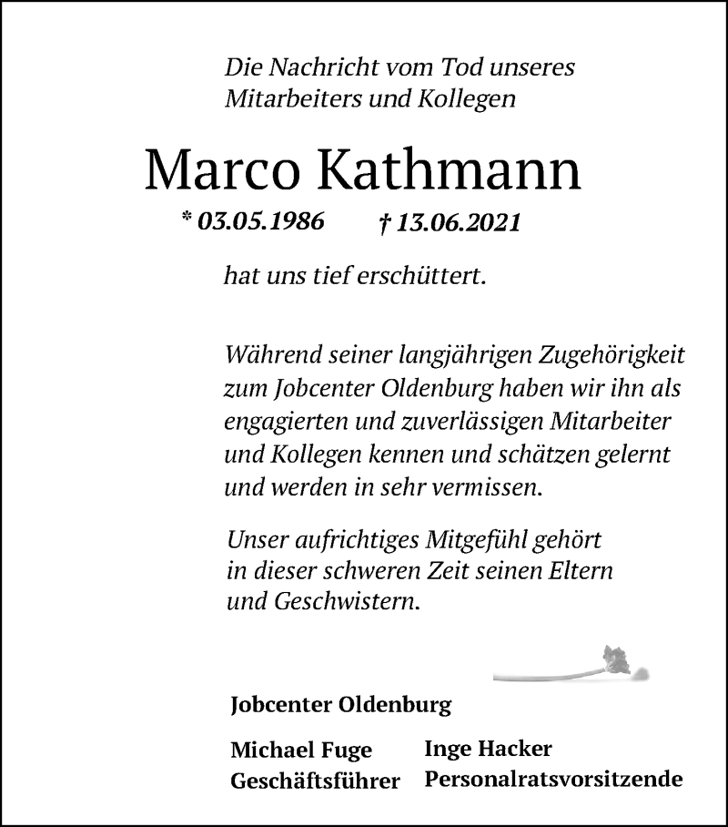  Traueranzeige für Marco Kathmann vom 18.06.2021 aus Nordwest-Zeitung