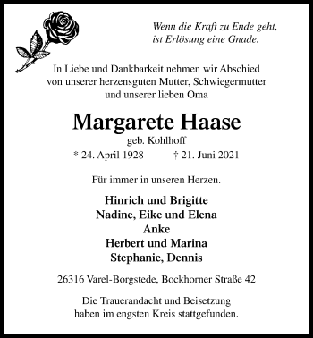 Traueranzeige von Margarete Haase von Nordwest-Zeitung
