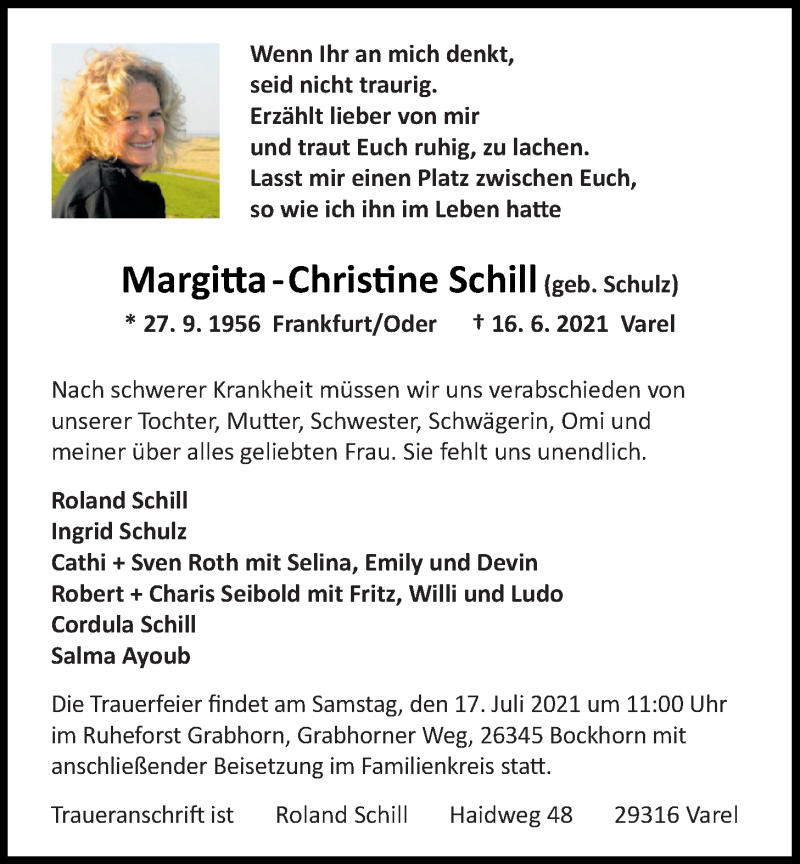  Traueranzeige für Margitta-Christine Schill vom 19.06.2021 aus Nordwest-Zeitung