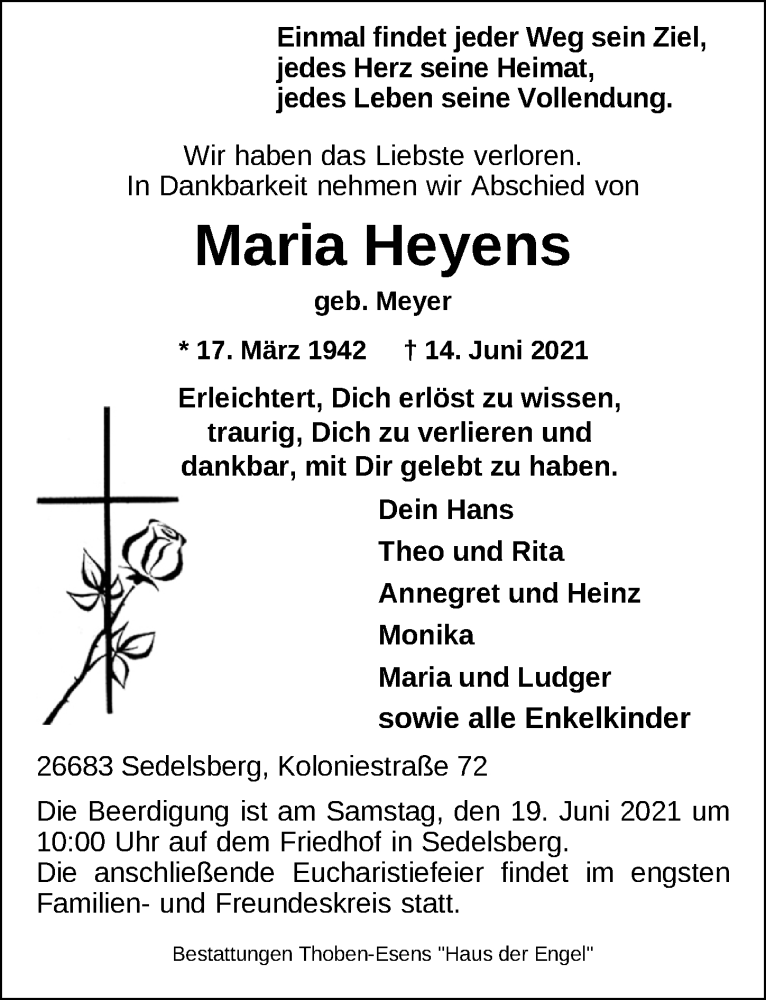  Traueranzeige für Maria Heyens vom 16.06.2021 aus Nordwest-Zeitung