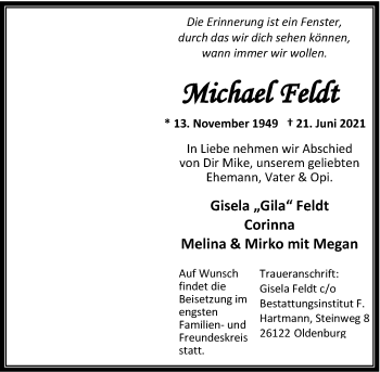 Traueranzeige von Michael Feldt von Nordwest-Zeitung