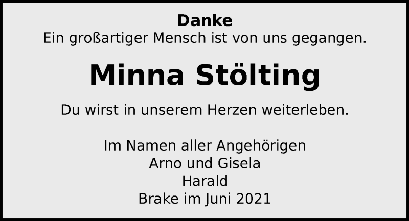  Traueranzeige für Minna Stölting vom 19.06.2021 aus Nordwest-Zeitung