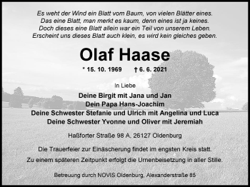 Traueranzeige von Olaf Haase von Nordwest-Zeitung