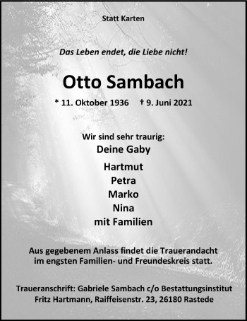 Traueranzeige von Otto Sambach von Nordwest-Zeitung