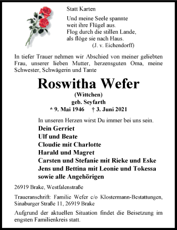 Traueranzeige von Roswitha Wefer von Nordwest-Zeitung
