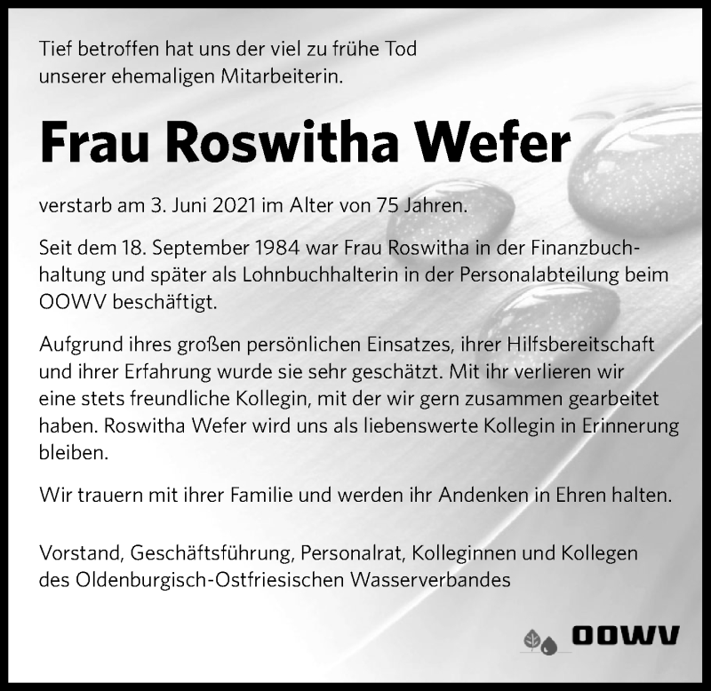  Traueranzeige für Roswitha Wefer vom 10.06.2021 aus Nordwest-Zeitung