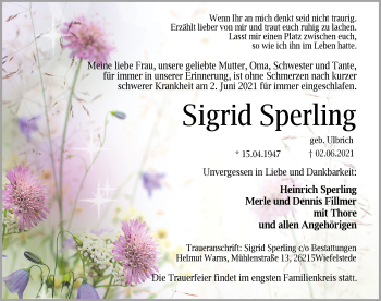 Traueranzeige von Sigrid Sperling von Nordwest-Zeitung