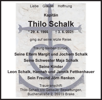 Traueranzeige von Thilo Schalk von Nordwest-Zeitung