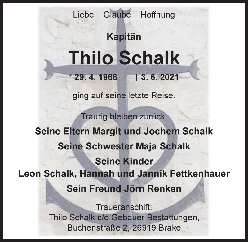  Traueranzeige für Thilo Schalk vom 26.06.2021 aus Nordwest-Zeitung