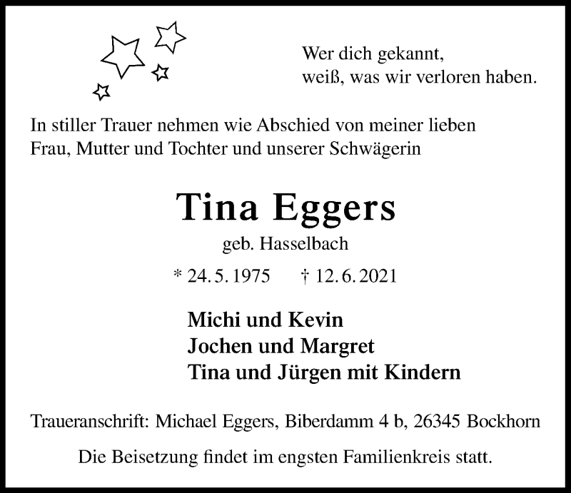  Traueranzeige für Tina Eggers vom 16.06.2021 aus Nordwest-Zeitung