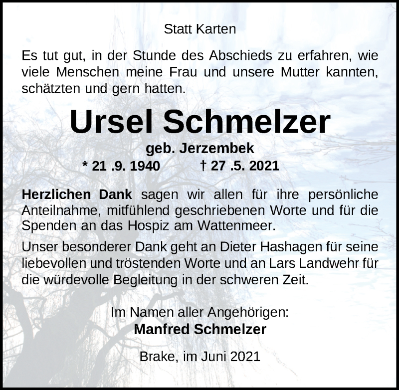  Traueranzeige für Ursel Schmelzer vom 26.06.2021 aus Nordwest-Zeitung