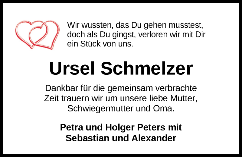  Traueranzeige für Ursel Schmelzer vom 05.06.2021 aus Nordwest-Zeitung