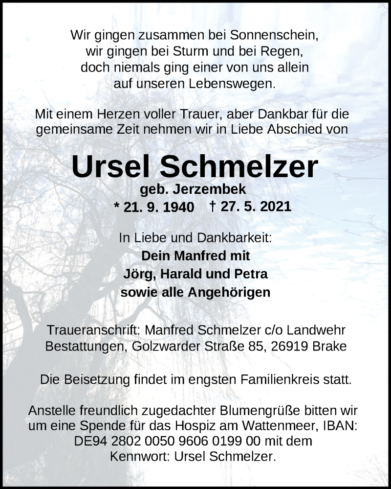  Traueranzeige für Ursel Schmelzer vom 05.06.2021 aus Nordwest-Zeitung