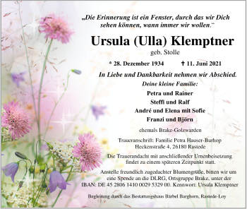 Traueranzeige von Ursula Klemptner von Nordwest-Zeitung