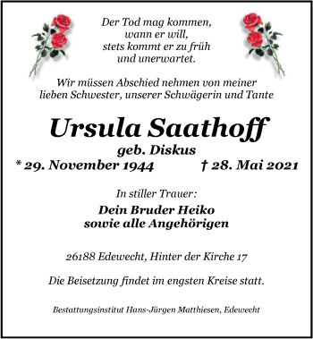 Traueranzeige von Ursula Saathoff von Nordwest-Zeitung