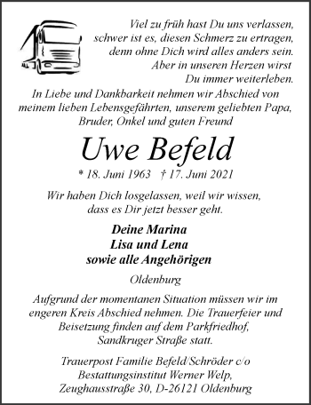 Traueranzeige von Uwe Befeld von Nordwest-Zeitung