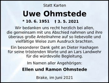 Traueranzeige von Uwe Ohmstede von Nordwest-Zeitung