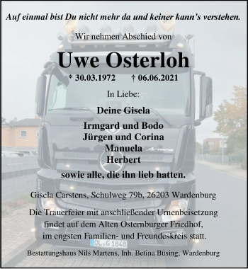 Traueranzeige von Uwe Osterloh von Nordwest-Zeitung