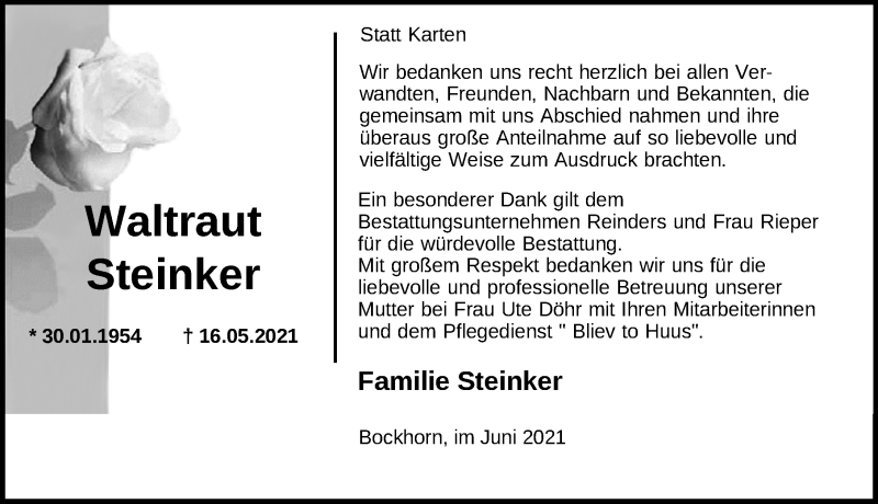 Traueranzeige für Waltraut Steinker vom 26.06.2021 aus Nordwest-Zeitung
