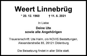 Traueranzeige von Weert Linnebrüg von Nordwest-Zeitung