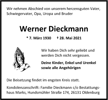 Traueranzeige von Werner Dieckmann von Nordwest-Zeitung