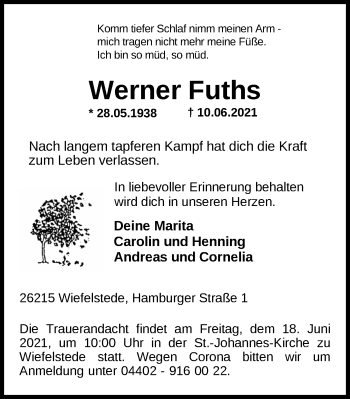 Traueranzeige von Werner Fuths von Nordwest-Zeitung
