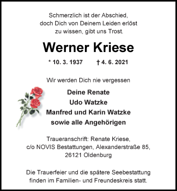Traueranzeige von Werner Kriese von Nordwest-Zeitung