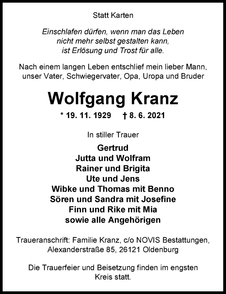  Traueranzeige für Wolfgang Kranz vom 12.06.2021 aus Nordwest-Zeitung