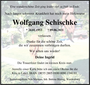 Traueranzeige von Wolfgang Schischke von Nordwest-Zeitung