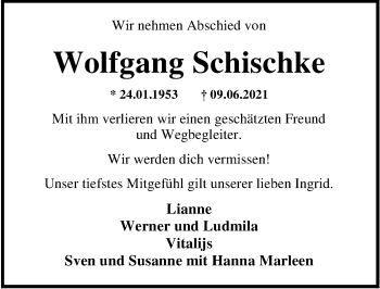Traueranzeige von Wolfgang Schischke von Nordwest-Zeitung