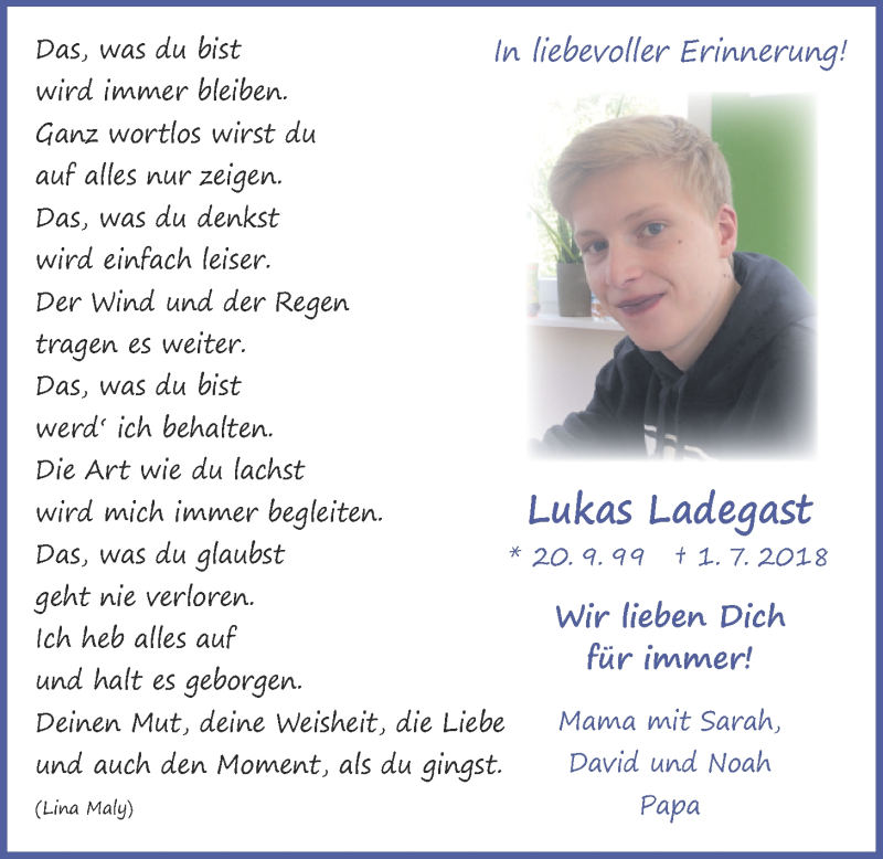 Traueranzeige für Lukas Ladegast vom 01.07.2021 aus Nordwest-Zeitung
